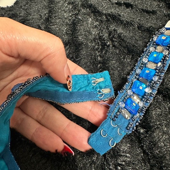 Adrianna Papell Blue Halter Dress with Beaded Details for Prom or Formal - Picture 11 of 16